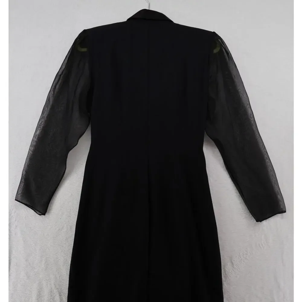 VTG J.R. Nites Wrap Dress USA Black Satin Sheer Sleeve Formal 80s 90s